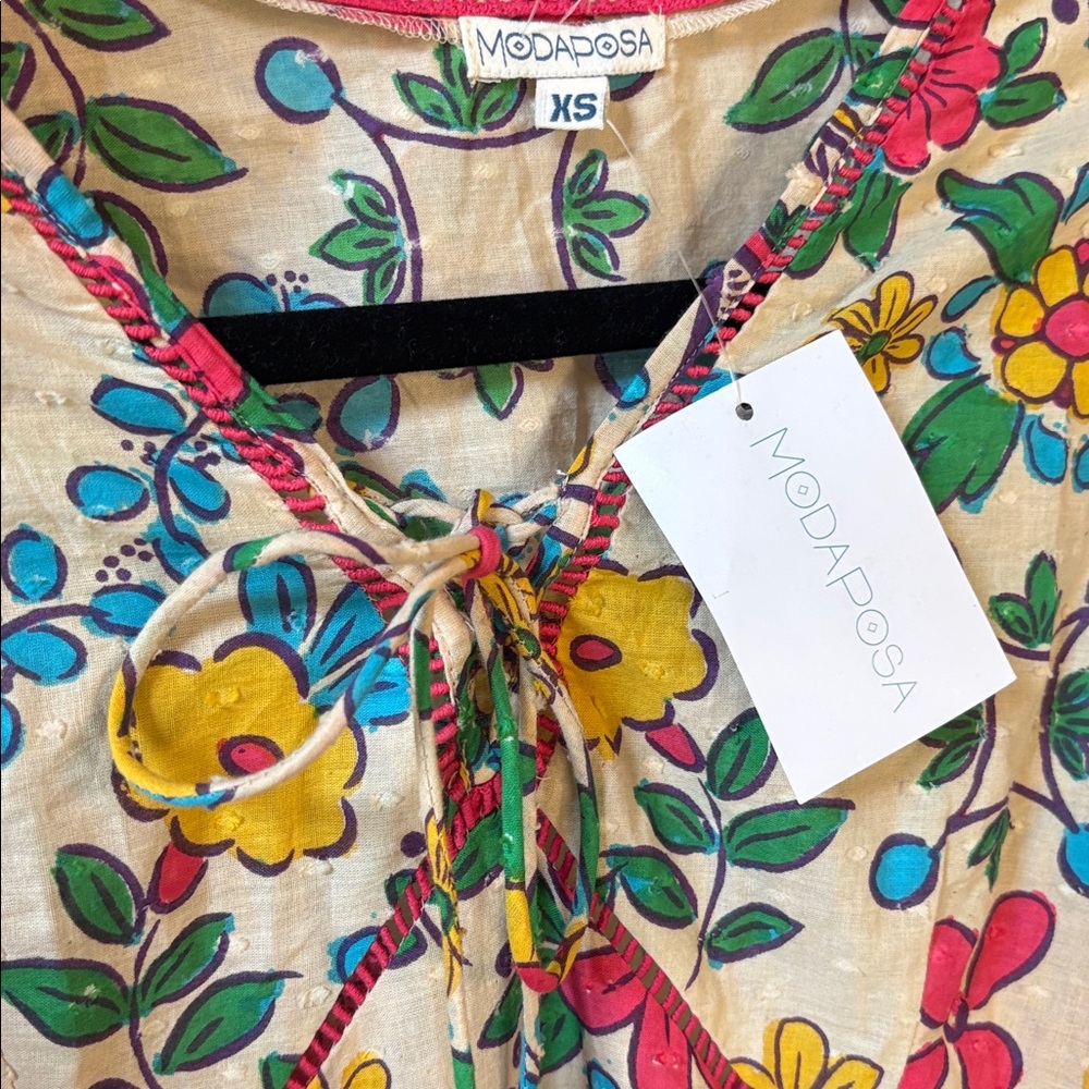 Mods Posa ⭐️NWT ⭐️ size XS Cream Floral Tassel Dress with Pink, Yellow & Blue - Picture 3 of 12